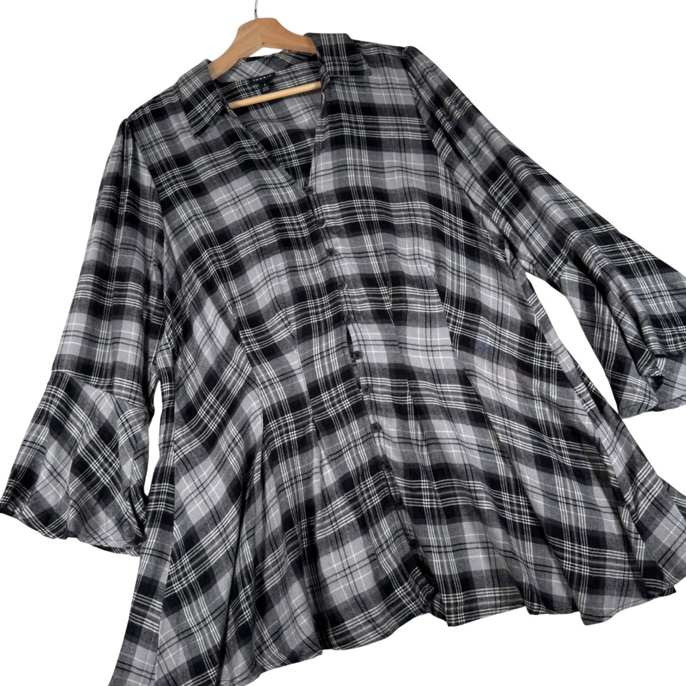 Torrid Plaid Tunic Women 1 Black Grey Lace Up Back Bell Sleeve Top 41160402